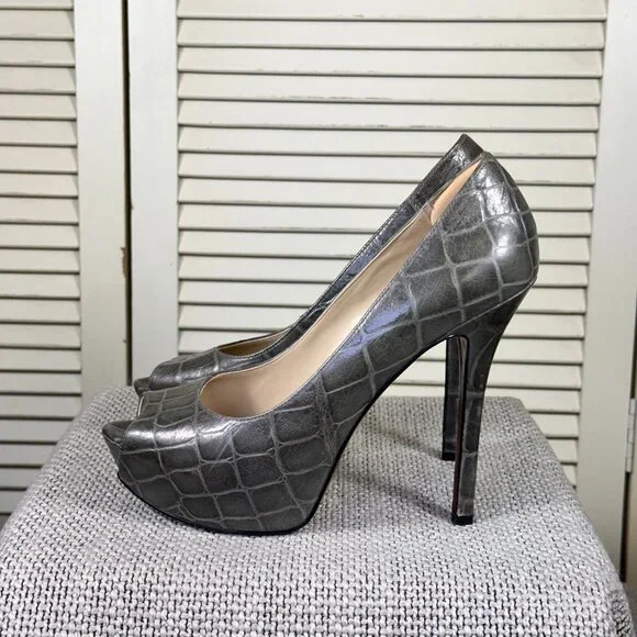 Enzo Angiolini Women's Tanen Grey Leather Peep Croc Stiletto Heel Pumps Size 8 M - Picture 4 of 11